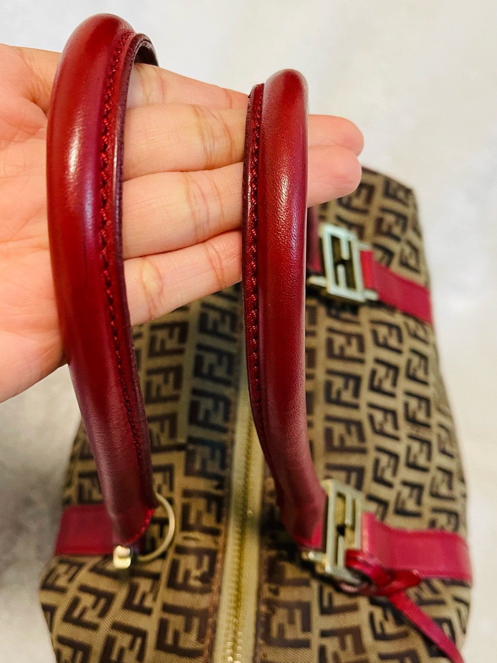 Fendi Authentic Brown Zucca Canvas Satchel with Red Leather Trim - Picture 9 of 15